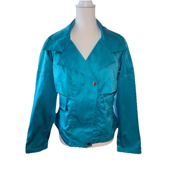 NWT Carlisle Satin Utility Jacket Teal Blue Short Zip Pockets Structured Sz 6 - Picture 2 of 9